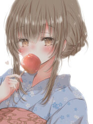 Rule 34 | 1girl, blue kimono, blush, brown eyes, brown hair, candy, candy apple, covering own mouth, food, heart, highres, hiro (hirohiro31), holding, holding candy, holding food, japanese clothes, kimono, looking at viewer, original, sidelocks, simple background, solo, upper body, white background