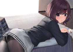 Rule 34 | 1girl, black pantyhose, black sweater, blush, book, breasts, brown hair, cowboy shot, cushion, day, gin00, hair ornament, hairclip, higuchi madoka, idolmaster, idolmaster shiny colors, indoors, long sleeves, looking at viewer, looking back, lying, miniskirt, mole, mole under eye, on stomach, open book, panties, panties under pantyhose, pantyhose, pantyshot, parted lips, plaid, plaid skirt, pleated skirt, purple eyes, rug, short hair, skirt, solo, sweater, tablecloth, underwear, white panties, wooden floor