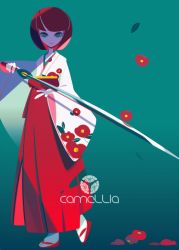 Rule 34 | 1girl, aqua background, blue eyes, bob cut, camellia, character request, floral print, flower, full body, hakama, hakama skirt, holding, holding sword, holding weapon, japanese clothes, katana, kimono, looking at viewer, meiji schoolgirl uniform, mintchoco (mmn2), red hair, red hakama, sandals, shade, short hair, skirt, smile, solo, standing, sword, tabi, weapon, wide sleeves, zouri