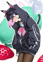 Rule 34 | 1girl, absurdres, black choker, black hair, black jacket, blue archive, brown pantyhose, choker, colored inner hair, facial mark, food, fruit, halo, highres, jacket, kazusa (blue archive), long sleeves, looking at viewer, macaron, multicolored hair, pantyhose, pink eyes, pink hair, short hair, solo, strawberry, thighs, waterswing, wavy mouth, whisker markings