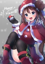 Rule 34 | 1girl, :d, black gloves, black thighhighs, blue eyes, blush, boots, brown hair, capelet, creatures (company), double bun, dress, fur-trimmed capelet, fur-trimmed gloves, fur-trimmed headwear, fur trim, game freak, gloves, grey background, hair between eyes, hair bun, hat, head tilt, highres, holding, holding poke ball, long hair, looking at viewer, meiwari, merry christmas, nintendo, official alternate costume, open mouth, poke ball, pokemon, pokemon masters ex, red capelet, red dress, red footwear, red hat, rosa (holiday 2019) (pokemon), rosa (pokemon), santa costume, santa hat, shiny skin, short dress, sitting, smile, solo, thighhighs, twintails, very long hair
