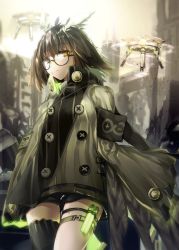 Rule 34 | 1girl, arknights, armband, bob cut, brown hair, building, cloak, day, drone, feather hair, feathers, glasses, green hair, high collar, highres, horns, jacket, kazetto, long sleeves, looking at viewer, outdoors, parted lips, rhine lab logo, ruins, semi-rimless eyewear, short hair, silence (arknights), single thighhigh, solo, thigh strap, thighhighs, vial, yellow eyes
