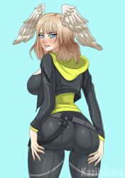 Rule 34 | 1girl, ass, ass focus, ass grab, ass support, blue eyes, blush, breasts, brown hair, cameltoe, come hither, eunie (xenoblade), from behind, head wings, huge ass, jacket, kazibar, large breasts, long hair, looking at viewer, naughty face, pants, parted lips, sideboob, smile, solo, wings, xenoblade chronicles (series), xenoblade chronicles 3