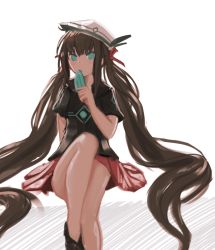 Rule 34 | 1girl, bare legs, brown hair, green eyes, hair ribbon, hat, kky, legs together, long hair, popsicle, ribbon, sitting, skirt, solo, twintails, very long hair