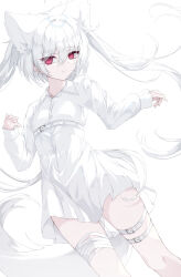 Rule 34 | 1girl, absurdres, ahoge, animal ears, belt, chest belt, collared dress, dress, expressionless, highres, original, pink eyes, pleated dress, simple background, solo, sumishi (sumisi 3), tail, thigh belt, thigh strap, twintails, white background, white dress, white hair