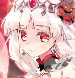 Rule 34 | 1girl, blush, cross, cross earrings, earrings, hair ornament, heco (mama), jewelry, light valkyrie (p&amp;d), lips, long hair, multicolored eyes, portrait, puzzle &amp; dragons, red eyes, smile, solo, tiara, upper body, valkyrie (p&amp;d), white hair, yellow eyes