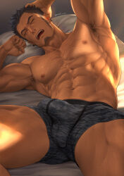Rule 34 | 1boy, abs, armpit hair, bara, bed, black hair, black male underwear, bulge, chest hair, closed eyes, earrings, erection, erection under clothes, facial hair, highres, jewelry, large pectorals, lying, male focus, male underwear, mondi hl, muscular, muscular male, navel, nipples, on back, on bed, open mouth, original, pectorals, range (mondi hl), short hair, solo, thick thighs, thighs, underwear