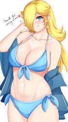 Rule 34 | 1girl, anisdrawn, bare shoulders, bikini, blonde hair, blue bikini, blue eyes, breasts, commentary, cowboy shot, highres, large breasts, long hair, looking at viewer, mario (series), navel, nintendo, no headwear, rosalina, smile, solo, standing, stomach, super mario galaxy, swimsuit, thighs, very long hair