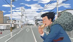 Rule 34 | 1boy, 23011620x, ace attorney, bag, black hair, blue jacket, blue sky, bread slice, building, cloud, collared shirt, crosswalk, day, eating, food, food in mouth, fried egg, from side, highres, holding, holding food, jacket, karakusa (pattern), long sleeves, male focus, mouth hold, necktie, outdoors, phoenix wright, power lines, red necktie, road, shirt, short hair, sky, solo, spiked hair, sweatdrop, toast, toast in mouth, upper body, utility pole, white shirt
