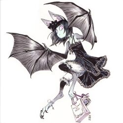 Rule 34 | 1girl, animal ears, anklet, bag, bat ears, bat girl, bat wings, black bow, black dress, black hair, bloomers, bow, bow bloomers, dated, digitigrade, dress, flying, full body, jewelry, looking at viewer, monster girl, original, pale skin, pink eyes, rem (tsulala), shopping bag, simple background, solo, underwear, white background, white bloomers, winged arms, wings