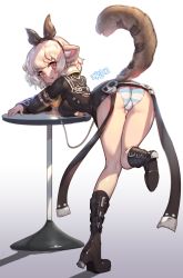 Rule 34 | 10s, 1girl, :o, animal ear fluff, animal ears, ass, belt, blade &amp; soul, boots, breast rest, breasts, clothing cutout, full body, hairband, knees up, looking at viewer, looking back, lyn (blade &amp; soul), microskirt, muloli, on table, panties, red eyes, short hair, skirt, solo, striped clothes, striped panties, table, tail, underboob, underboob cutout, underwear, white hair