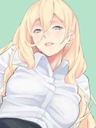 Rule 34 | 1girl, alternate costume, blonde hair, blue eyes, dress shirt, green background, hair between eyes, kantai collection, long hair, looking at viewer, mole, mole under eye, mole under mouth, parted lips, richelieu (kancolle), shingyou (alexander-13), shirt, simple background, smile, solo, upper body, white shirt