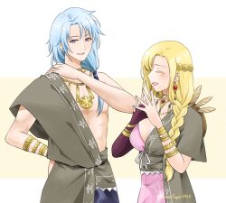 Rule 34 | 1boy, 1girl, :d, alternate costume, blonde hair, bracelet, braid, breasts, cleavage, closed eyes, couple, earrings, fingerless gloves, fire emblem, fire emblem: the blazing blade, fire emblem heroes, gloves, grey hair, hair ornament, highres, husband and wife, jewelry, large breasts, long hair, louise (fire emblem), louise (sworn protector) (fire emblem), midori no baku, necklace, nintendo, official alternate costume, open mouth, own hands together, pent (fire emblem), purple eyes, purple gloves, short hair, simple background, single fingerless glove, single glove, smile, twitter username