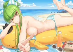 Rule 34 | 1girl, anarchojs, ass, bare shoulders, barefoot, beach, bikini, black hat, blue bow, blue sky, bow, breasts, c.c., cloud, code geass, day, drink, from side, green hair, hair bow, hair ornament, hat, highres, long hair, looking at viewer, lying, medium breasts, ocean, on stomach, open bikini, open clothes, outdoors, pizza hut, ponytail, product placement, side-tie bikini bottom, sideboob, sidelocks, sky, smile, solo, starfish, striped bikini, striped bow, striped clothes, stuffed toy, sunglasses, swimsuit, two-tone bow, unworn eyewear, white bow, yellow eyes