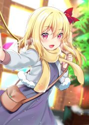 Rule 34 | 1girl, :d, alternate costume, asymmetrical hair, bag, blonde hair, blurry, blurry background, blush, breath, christmas tree, commentary request, crystal, eyelashes, feet out of frame, flandre scarlet, fur trim, hair ribbon, handbag, happy, highres, light particles, looking at viewer, no headwear, one side up, open mouth, outdoors, outstretched arm, paw print, red eyes, red ribbon, ribbon, rimu (kingyo origin), scarf, short hair, sidelocks, smile, solo, standing, tongue, touhou, tree, window, wings, winter, yellow scarf