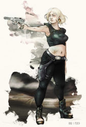 Rule 34 | 1girl, aiming, bluescreen queen, boots, breasts, crop top, earrings, energy gun, gun, handgun, holster, jewelry, navel, pale skin, pants, pistol, ray gun, realistic, scar, science fiction, short hair, sleeveless, solo, star wars, star wars: knights of the old republic, weapon, white hair