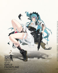 Rule 34 | 1girl, aqua hair, assault rifle, asymmetrical legwear, black footwear, black jacket, black mask, black panties, breasts, carbine, character name, chinese text, clothes around waist, copyright name, dress, eye piercing, fightlite industries, full body, girls&#039; frontline, gun, hair ornament, hairclip, handgun, harness, highres, holding, holding gun, holding weapon, jacket, jacket around waist, long hair, long sleeves, looking at viewer, mask, unworn mask, medium breasts, official art, open mouth, panties, pistol, ponytail, promotional art, purple eyes, rifle, scar, scar on face, scr (girls&#039; frontline), scr carbine, scr pistol, scr raider, shell casing, shoes, simple background, smile (mm-l), solo, teeth, torn clothes, torn dress, torn jacket, underwear, weapon, white dress