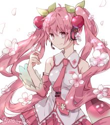Rule 34 | 1girl, bare shoulders, cherry blossom print, cherry blossoms, cherry hair ornament, commentary, detached sleeves, falling petals, floral print, flower, food-themed hair ornament, hair ornament, hand up, hatsune miku, headphones, headset, holding, holding flower, leaf, long hair, looking at object, necktie, petals, pink eyes, pink flower, pink hair, pink necktie, pink skirt, pink sleeves, pleated skirt, sakura miku, shirt, skirt, sleeveless, sleeveless shirt, smile, solo, twintails, upper body, utaori, very long hair, vocaloid, white background, white shirt