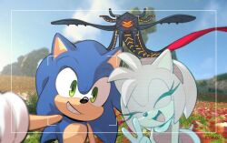Rule 34 | 1boy, 1girl, amy rose, closed eyes, facing viewer, furry, furry female, furry male, gloves, grass, green eyes, grin, hologram, kiioki11, looking at viewer, monster, open mouth, outdoors, selfie, smile, sonic (series), sonic frontiers, sonic the hedgehog, squid (sonic frontiers), taking picture, v, white gloves