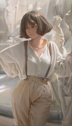 Rule 34 | 1girl, absurdres, brown eyes, brown hair, closed mouth, collarbone, collared shirt, free style (yohan1754), hand on own hip, highres, indoors, long sleeves, medium hair, original, overalls, partially unbuttoned, shirt, shirt tucked in, solo, standing, white shirt