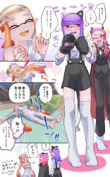 Rule 34 | 3girls, ;d, ^^^, anger vein, animal ears, animal hands, bandaged arm, bandaged head, bandaged leg, bandaged torso, bandages, black bow, black bowtie, black cape, black pants, black shorts, black vest, blunt bangs, blush, bow, bowtie, cape, cat ears, colored tongue, commentary, crossed arms, demon horns, dress shirt, emphasis lines, fake animal ears, fake tail, fallen down, gloom (expression), gloves, halloween, halloween costume, high collar, highres, horns, indoors, inkling, inkling girl, inkling player character, long hair, lying, multiple girls, mummy costume, neck ribbon, nintendo, notice lines, on back, one eye closed, open mouth, orange eyes, orange hair, orange tongue, outside border, pants, paw gloves, pink hair, pointy ears, purple hair, purple tongue, red cape, red eyes, red ribbon, ribbon, seiranopocket, shirt, shorts, single sidelock, smile, splatoon (series), standing, suspender shorts, suspenders, sweatdrop, tail, tentacle hair, thighhighs, thumbs up, translated, two-sided cape, two-sided fabric, vampire costume, very long hair, vest, white shirt, white thighhighs