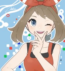 Rule 34 | 1girl, artist name, bare shoulders, blue background, blue eyes, blush, breasts, brown hair, collarbone, creatures (company), female focus, game freak, happy, highres, looking at viewer, may (pokemon), may (pokemon oras), miu (miuuu 721), nintendo, one eye closed, open mouth, outline, pokemon, pokemon oras, red shirt, shirt, signature, sleeveless, sleeveless shirt, small breasts, smile, solo, straight-on, teeth, upper body, white outline, wink