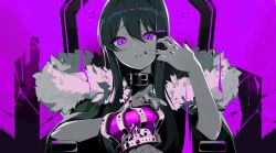 Rule 34 | 1girl, belt collar, broken glass, collar, crossed legs, crown, doki doki literature club, elbow rest, fishnets, frown, fur collar, glass, hair ornament, hairclip, highres, king (vocaloid), long hair, monochrome, nail polish, parted lips, purple eyes, purple theme, saihara homare, sitting, slit pupils, solo, throne, vocaloid, yuri (doki doki literature club)