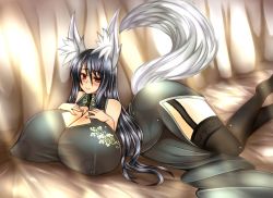 Rule 34 | 1girl, animal ears, ashling (no-plan), bare shoulders, black hair, black thighhighs, breasts, cleavage cutout, clothing cutout, curvy, female focus, fox ears, fox tail, garter straps, gigantic breasts, hand on own chest, highres, long hair, long skirt, lying, nipples, no bra, on stomach, original, puffy nipples, red eyes, see-through, skirt, solo, tail, thighhighs
