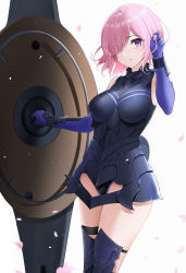 Rule 34 | 1girl, armor, armored dress, breasts, closed mouth, dress, elbow gloves, fate/grand order, fate (series), gloves, hair over one eye, hand up, highres, holding, holding shield, large breasts, leg armor, leotard, looking at viewer, mash kyrielight, pink hair, purple eyes, purple gloves, qing wu, shield, short dress, short hair, solo, thigh strap, thighs