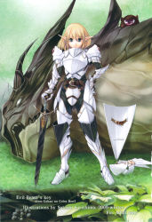 Rule 34 | 1girl, armor, belt, blonde hair, blue eyes, boots, defeat, dragon, elf, gauntlets, green eyes, hands on own hips, highres, kirishima satoshi, knight, monster, pauldrons, plate armor, pointy ears, shield, shoulder armor, shoulder pads, solo, sword, weapon