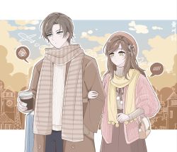 Rule 34 | 1boy, 1girl, artem wing (tears of themis), blue eyes, blue pants, blue sky, brown coat, brown hair, brown scarf, brown skirt, brown sweater, closed mouth, cloud, cloudy sky, coat, coffee cup, cup, disposable cup, green eyes, highres, holding, holding cup, jacket, long hair, long sleeves, outdoors, outstretched arms, pants, pink jacket, rosa (tears of themis), scarf, skirt, sky, spoken blush, spoken squiggle, squiggle, sweater, tears of themis, white sweater, yellow scarf, yingchuan981