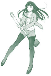 Rule 34 | 10s, 1girl, between legs, broom, broom riding, cardigan, closed mouth, flats, flying witch, full body, green theme, holding, kouda tomohiro, kowata makoto, pantyhose under shorts, long hair, long sleeves, looking at viewer, monochrome, open cardigan, open clothes, pantyhose, pantyhose under shorts, shorts, simple background, sketch, smile, solo, white background