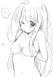 Rule 34 | 1girl, blush, bow, bow bra, bra, breasts, cleavage, collarbone, highres, long hair, looking at viewer, medium breasts, minase shuu, monochrome, navel, one eye closed, sketch, standing, sweat, underwear, undressing, upper body