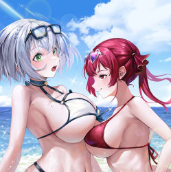 Rule 34 | 2girls, arched back, asymmetrical docking, back-tie bikini, beach, bikini, breast contest, breast press, breasts, closed mouth, cloud, commentary request, eyewear on head, from side, front-tie bikini top, front-tie top, glasses, green eyes, hair ornament, halterneck, highres, hololive, houshou marine, houshou marine (summer), huge breasts, large breasts, leaning forward, mole, mole on breast, multiple girls, natsugou shinogi, navel, ocean, open mouth, red bikini, red eyes, red hair, shirogane noel, shirogane noel (summer 2020), sideboob, silver hair, size difference, smile, string bikini, summer, sunglasses, swimsuit, symmetrical docking, upper body, virtual youtuber, wet, white bikini, white hair, yuri