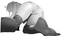 Rule 34 | 1girl, ahoge, all fours, ass, blush, clenched teeth, greyscale, hiwatari makoto, legs apart, looking at viewer, looking back, monochrome, no shoes, original, panties, ryuji (ikeriu), short hair with long locks, simple background, sketch, solo, teeth, thighhighs, thighs, underwear, white background