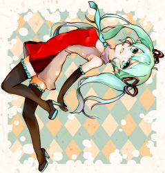 Rule 34 | 1girl, argyle, argyle background, argyle clothes, domino&#039;s pizza, elbow gloves, gloves, green eyes, green hair, hatsune miku, headset, high heels, long hair, matching hair/eyes, nakaikane, necktie, shoes, solo, thighhighs, twintails, vocaloid