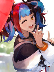 Rule 34 | 1girl, black nails, choker, fate/grand order, fate (series), from behind, hair ornament, hairclip, highres, modare, multicolored hair, nail polish, off-shoulder jacket, off shoulder, oil-paper umbrella, one eye closed, open mouth, sei shounagon (fate), solo, twintails, umbrella