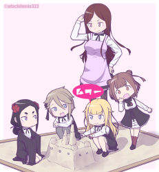 Rule 34 | &gt;:), &gt;:/, 5girls, :/, :d, adachi fumio, aged down, ange (princess principal), apron, artist name, beatrice (princess principal), black footwear, black hair, black legwear, black ribbon, blonde hair, blue eyes, braid, breasts, brown eyes, brown hair, child, closed mouth, corset, dorothy (princess principal), double bun, fang, flower, full body, hair between eyes, hair bun, hair flaps, hair flower, hair ornament, hair ribbon, hand on own hip, large breasts, loafers, long hair, long sleeves, maroon legwear, multiple girls, neck ribbon, open mouth, outstretched arms, pantyhose, parted bangs, pink apron, pink background, princess (princess principal), princess principal, purple eyes, ribbon, sand castle, sand sculpture, sandbox, school uniform, seiza, shadow, shoes, sitting, sleeves past wrists, smile, speech bubble, standing, toudou chise, twitter username, v-shaped eyebrows, very long hair