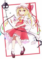 Rule 34 | 1girl, absurdres, ascot, bobby socks, border, brown footwear, clenched hand, crystal, expressionless, flandre scarlet, hair between eyes, hand on own chest, hat, hat ribbon, highres, iyo (ya na kanji), knees together feet apart, laevatein, leaning back, looking at viewer, mob cap, petticoat, puffy short sleeves, puffy sleeves, red border, red eyes, red skirt, red vest, ribbon, shirt, short hair, short sleeves, side ponytail, simple background, skirt, skirt set, socks, solo, touhou, vest, white background, white hat, white shirt, white socks, wings, wrist cuffs, yellow ascot