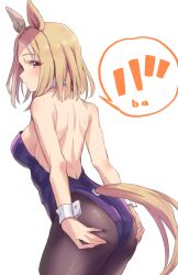 Rule 34 | 1girl, animal ears, ass grab, back, black pantyhose, blonde hair, blush, bob cut, breasts, cleavage, closed mouth, commentary request, cowboy shot, detached collar, grabbing own ass, highres, horse ears, horse girl, horse tail, large breasts, leotard, looking at viewer, medium hair, narita top road (umamusume), pantyhose, parted bangs, partial commentary, playboy bunny, simple background, solo, speech bubble, starheart, tail, towel, umamusume, white background, wrist cuffs, yellow eyes