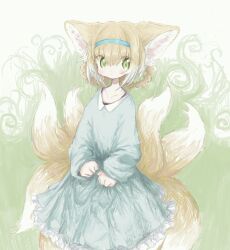 Rule 34 | 1girl, animal ear fluff, animal ears, arknights, blonde hair, blue hairband, blush, closed mouth, collarbone, dress, fox ears, fox girl, fox tail, green eyes, hair between eyes, hair rings, hairband, highres, kitsune, kyuubi, long sleeves, looking at viewer, multiple tails, reitoubeef, simple background, solo, suzuran (arknights), tail, white hair