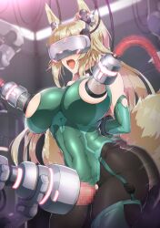 Rule 34 | 1futa, animal ears, arm behind back, black pantyhose, blonde hair, breasts, cable, commentary request, covered navel, fox ears, fox girl, fox tail, futanari, green leotard, head-mounted display, highres, lactation, large breasts, leotard, long hair, machinery, milking machine, nandz, nipples, open mouth, original, pantyhose, restrained, sex machine, skin tight, solo, tail, tongue, tongue out, torn clothes, torn leotard