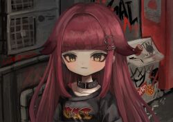 Rule 34 | 1girl, :3, animal collar, black shirt, blunt bangs, cat hair ornament, closed mouth, clothes writing, collar, commission, condenser unit, fish hair ornament, graffiti, hair ornament, highres, long hair, looking at viewer, original, outdoors, red hair, shiona (siona0625), shirt, slit pupils, solo, straight hair, upper body, yellow eyes