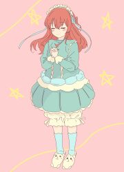 Rule 34 | 1girl, absurdres, alternate costume, animal slippers, bloomers, blue dress, blue flower, blue headwear, blue ribbon, blue socks, blush, bocchi the rock!, cardcaptor sakura, closed eyes, commission, cosplay, costume switch, dress, ein, flower, frilled dress, frills, full body, highres, juliet sleeves, kita ikuyo, lace, lolita fashion, long sleeves, own hands together, pink background, pixiv commission, praying, puffy sleeves, red hair, ribbon, slippers, smile, socks, solo, star (symbol), underwear, white bloomers