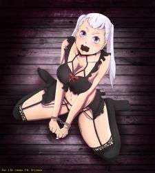Rule 34 | 1girl, black clover, blush, breasts, cleavage, cuffs, embarrassed, female focus, handcuffs, kneeling, large breasts, lingerie, looking at viewer, noelle silva, open mouth, purple eyes, sex slave, silver hair, solo, srlmao, thick thighs, thighs, twintails, underwear, watermark