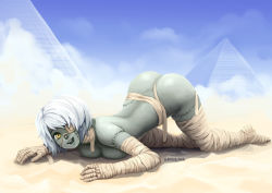 Rule 34 | 1girl, :d, artist name, ass, bandages, barbariank, blue sky, breast press, breasts, colored skin, eyepatch, grey skin, large breasts, looking at viewer, monster girl, mummy, nude, open mouth, original, outdoors, pyramid (structure), short hair, signature, silver hair, sky, smile, solo, stitches, top-down bottom-up, yellow eyes, zombie