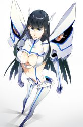 Rule 34 | 10s, 1girl, black hair, blue eyes, boots, breasts, cleavage, cleavage cutout, clenched hands, clothing cutout, elbow gloves, eyebrows, female focus, foreshortening, gloves, hime cut, junketsu, kill la kill, kippeijii, kiryuuin satsuki, large breasts, long hair, microskirt, navel, revealing clothes, skirt, solo, suspenders, thick eyebrows, thigh boots, thighhighs