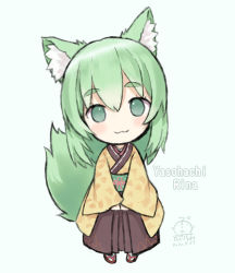 Rule 34 | 1girl, :3, animal ear fluff, animal ears, bad id, bad pixiv id, blue background, blush, brown footwear, brown hakama, brown kimono, capriccio, character name, chibi, closed mouth, commentary request, copyright request, dated, fox ears, fox girl, fox tail, full body, green eyes, green hair, hair between eyes, hakama, hakama skirt, indie virtual youtuber, japanese clothes, kimono, long hair, long sleeves, sandals, signature, simple background, skirt, sleeves past wrists, socks, solo, standing, tabi, tail, tail raised, thick eyebrows, virtual youtuber, white socks, wide sleeves, yasohachi rina, zouri