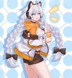 Rule 34 | 1girl, :d, absurdres, ahoge, animal ear headphones, animal ears, bandeau, black bow, black choker, black shorts, blue eyes, bow, braid, breasts, cat ear headphones, choker, cleavage, commentary request, cowboy shot, cup, fake animal ears, headphones, highres, holding, holding cup, honkai (series), honkai impact 3rd, jacket, kiana kaslana, long hair, looking at viewer, midriff, off shoulder, open clothes, open jacket, open mouth, short shorts, shorts, small breasts, smile, solo, standing, strapless, thighs, tube top, twin braids, twintails, very long hair, white hair, white jacket, zhuluoluo