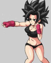 Rule 34 | 10s, 1girl, bare shoulders, black eyes, black hair, breasts, caulifla, cleavage, dragon ball, dragon ball super, female focus, gloves, grey background, navel, panties, punching, solo, spiked hair, stomach, tank top, thighs, training, underwear